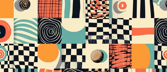 Psychedelic geometric checker op-art modern illustration with optical illusion. Colorful background, chess board tiles with psychedelic spherical volume, geometric checkered op-art. - obrazy, fototapety, plakaty