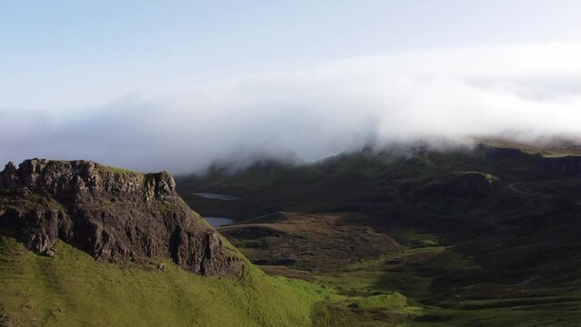 Panoramic Cloudy landscape of natural The Quiraing Isle of Skye Scotland travel environment, stone mountain scenic geological formation area