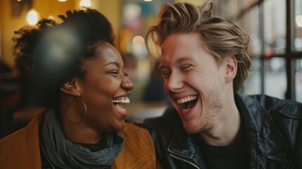 A woman and a man share a moment of pure joy, laughing heartily in a warm, inviting cafe atmosphere, conveying friendship and happiness.