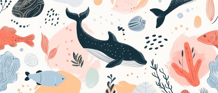 Print on white background. Seamless pattern with hand drawn flat illustrations of underwater animals. Fishes, whales, shells, crabs, jellyfish, stones, bubbles.