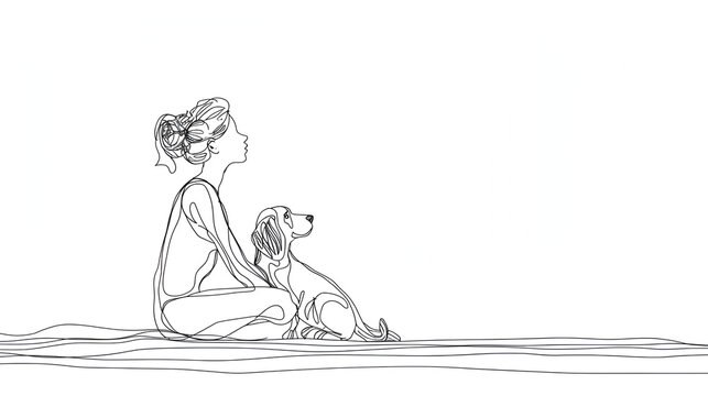 continuous line drawing of woman with dog isolated on white with copy space, generative ai