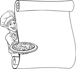 A chef cook cartoon man character peeking around a background scroll sign and holding a pizza.