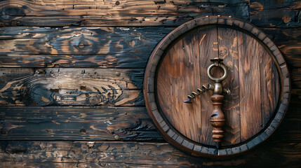 Corkscrew next to a wooden wine barrel, generative ai