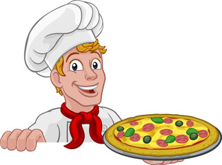 A chef cook man cartoon character peeking over a background sign and holding a pizza.