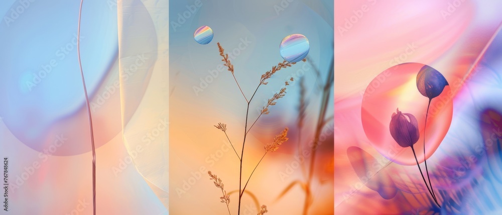 Poster in y2k style, blurry gradient holographic shapes are surrounded by linear forms and sparkles. modern