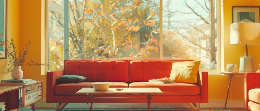 Decorative living room with yellow, red, and turquoise colors. Red sofa with table, nightstand, paintings, lamps, vases, carpet, and porcelain set. Outside are autumn trees. Flat cartoon