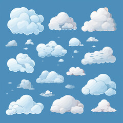 Cartoon white clouds icon set isolated on blue background. Cloudscape in flat style. Blue sky cloud weather symbol. Vector illustration cloudy panorama - obrazy, fototapety, plakaty
