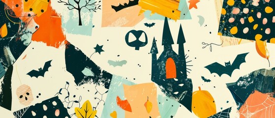 A modern set of Halloween symbols in halftone mixed media collage stickers style. Dotted illustration featuring witches, coffins, vampire mouths, castles, and potions. Vintage Zines Collection from
