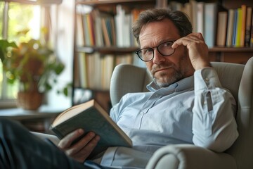 A handsome successful man of forty with glasses is sitting on an armchair in office filled with sunlight. he is thoughtfully reading a book with in his hand. generative AI