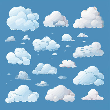 Cartoon white clouds icon set isolated on blue background. Cloudscape in flat style. Blue sky cloud weather symbol. Vector illustration cloudy panorama