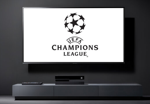 Milan, March 2024 - LED television with Uefa Champions League logo on display on black background