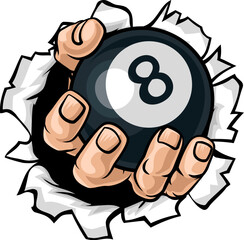 A human hand holding a pool or billiards black 8 ball.