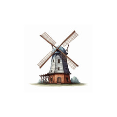 Obraz premium 2D illustration of a windmill isolated on a white background. The windmill has four long and large blades. Windmills are used in agriculture.