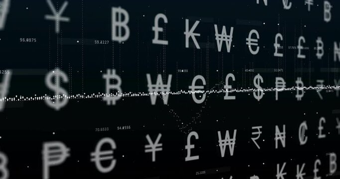 Animation of data processing and diagrams over currency symbols