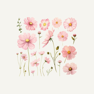 a collection of soft pink watercolor cosmos flowers isolated on a transparent background