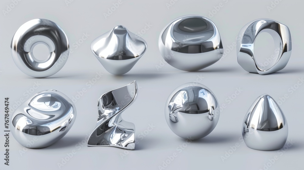 Poster 3d render modern illustration of chrome 3d objects set for y2k. trendy metallic elements. silver glo