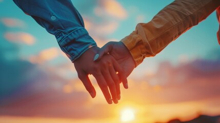 Close up of a couple holding hands against a vibrant sunset, representing love, partnership, and a deep bond between individuals.