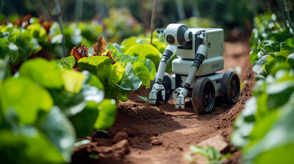 The future of agriculture and horticulture. A mechanical robot attending and harvesting food crops