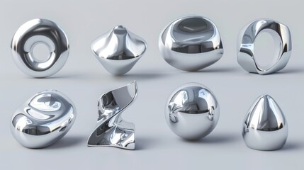 3D render modern illustration of chrome 3D objects set for y2k. Trendy metallic elements. Silver glossy abstract shape. - obrazy, fototapety, plakaty