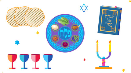 Happy Passover Hebrew text greeting card with decorative traditional icons Kiddush cup, four wine glass, matzo matzah - Jewish traditional bread for Passover Seder, Pesach plate, Haggadah book Vintage