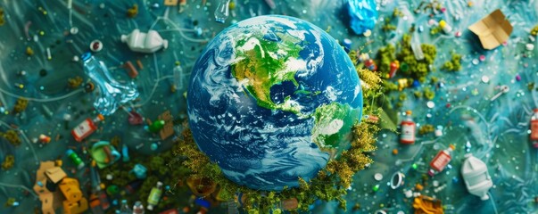 Obraz na płótnie Canvas Earth with garbage around on a green background.