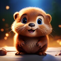 A smiling cute 3D cartoon young beaver with big round sparkling eyes