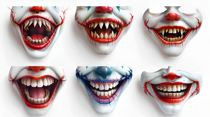 Creepy clown mouths set. Scary smile with jaws and red, generative ai