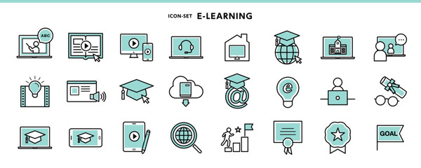 eラーニングやWebラーニングなどオンライン学習関係のアイコンセット