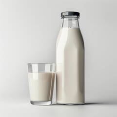 Milk in a bottle with a glass cup next to it on a light background.