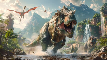 Dinosaurs in an ancient world jungle landscape with mountains and waterfalls - Powered by Adobe