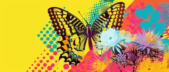 A butterfly in dots on a bright yellow background with a halftone effect. Pop art illustration. Modern PNG file.