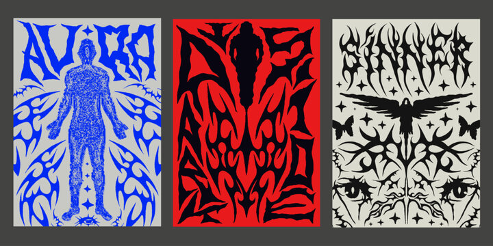 Cyber Punk Y2k Posters Set Vector Design. Neo Tribal Cyber Sigilism Placards. Streetwear Prints. Gothic Pattern.