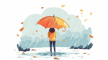 A sad character under an umbrella swaying in heavy rain, wind, and windy storm. A person standing in bad rainy weather, downpour, rainstorm. Modern illustration of a flat graphic isolated on white - obrazy, fototapety, plakaty