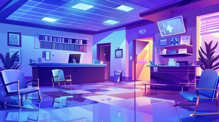 Hospital lobby interior at night. Modern cartoon illustration of reception desk with computer, chairs in dark waiting room, TV on ceiling, shelves with medical records, drawers with shoe covers.