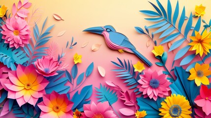 Naklejka premium Festa Junina festival card on paper art and flat style with flowers, party flags and lantern. Brazilian party and Latin american festival. Generative ai