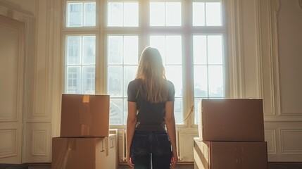 Young woman moving to dorm, new apartment, rent a flat. Female student moving out of parents house. Moving to new home, relocation, renovation, delivery service, donation concept. Generative ai. - obrazy, fototapety, plakaty