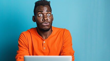 Shocked African man while watching in on laptop isolated blue background .Image of excited screaming young man sitting isolated over blue background. Looking camera.Portrait African American man - obrazy, fototapety, plakaty