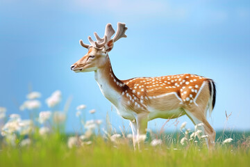 deer in meadow. green gras with white flowers in background
