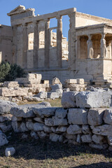 Erechtheion, Temple of Athena Polias on Acropolis of Athens, Greece. View of The Porch of Maidens...