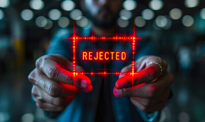 Businessperson presenting a digital rejection notification icon, symbolizing declined applications and disapproval in a corporate setting