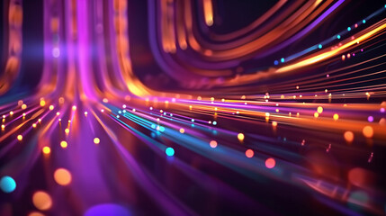 Abstract Modern digital abstract photorealistic background with shining multicolored particles in linear motion on long exposure and dark background. Scientific technological networking capabilities.