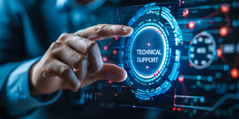 Professional in business suit works with futuristic holographic icon of technical support & modern technological services, human expertise & advanced digital solutions integration in corporate realm