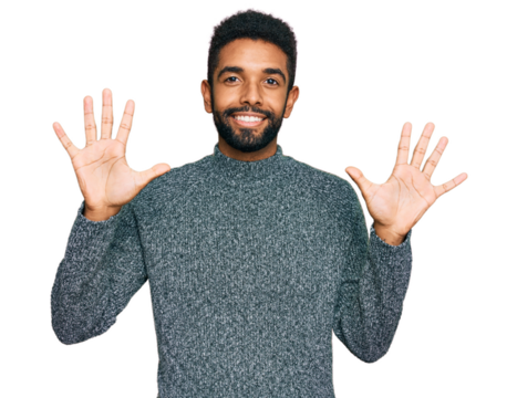 Young african american man wearing casual clothes showing and pointing up with fingers number ten while smiling confident and happy.