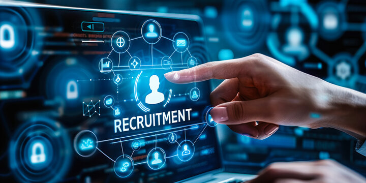 Concept of online recruitment process, job seeker interacts with digital interface featuring icon symbolizing human resources & hiring, highlighting modern technological approach to talent acquisition