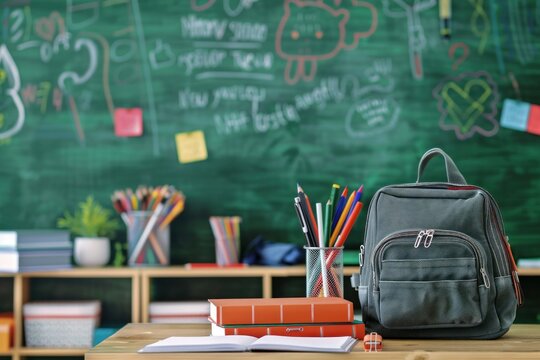 Back to school concept. School supplies on the desk on green chalkboard background in the classroom.