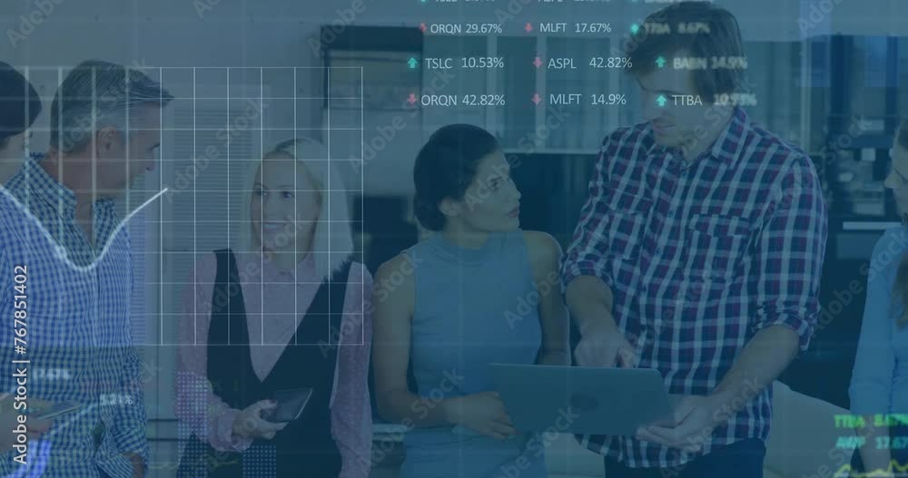 Poster animation of data processing and diagrams over diverse colleagues discussing work