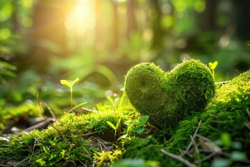Woodland Whispers: Mossy Heart Illuminated by Sun, AI Generative
