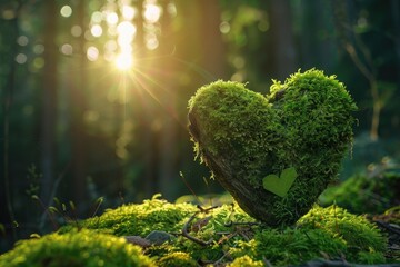 Mossy Forest Affection: Wooden Heart in Sunlight, AI Generative
