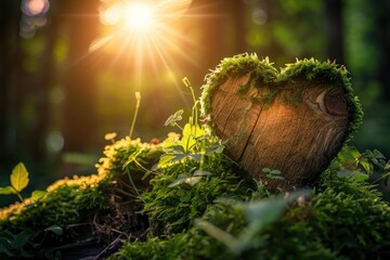 Radiant Forest Love: Moss-Adorned Heart, AI Generative
