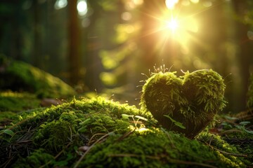 Sunlit Mossy Forest: Wooden Heart, AI Generative
